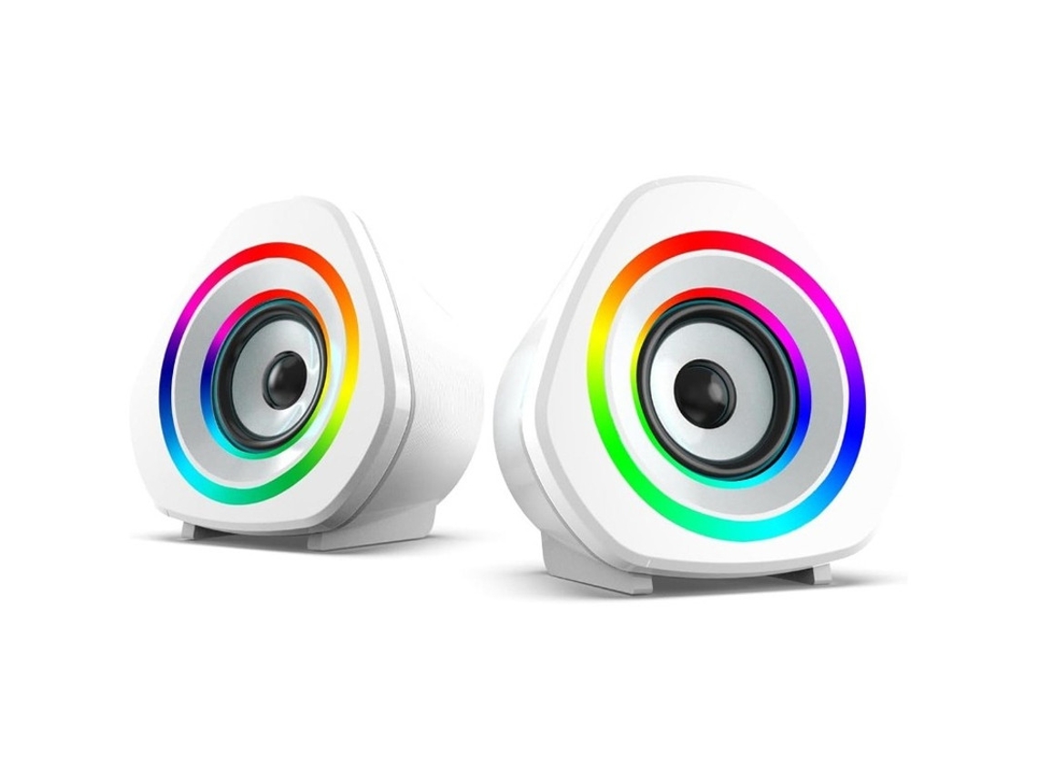 Mini caixa de som para computador Yizhood com subwoofer, áudio FIO E e luz ambiente RGB.
