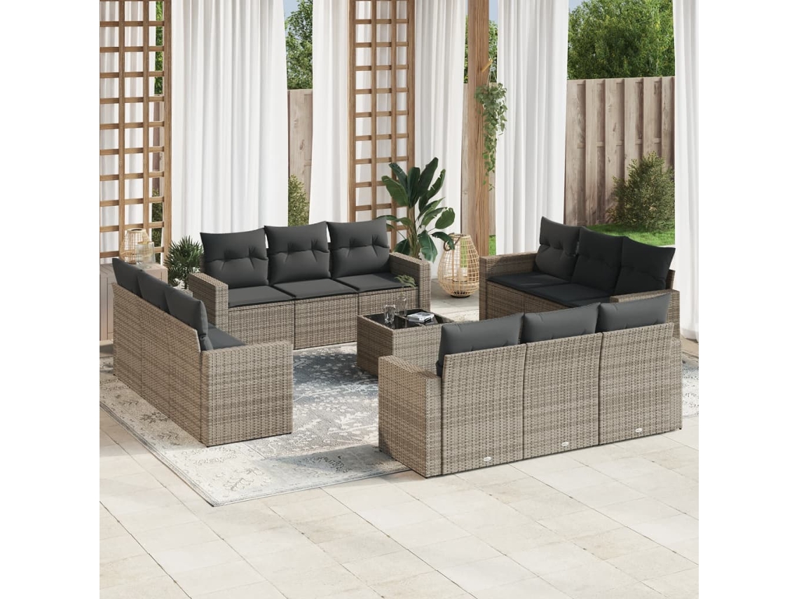 Vidaxl 13 Pcs Conjunto Sofás P/ Jardim C/ Almofadões Vime Pe Cinzento