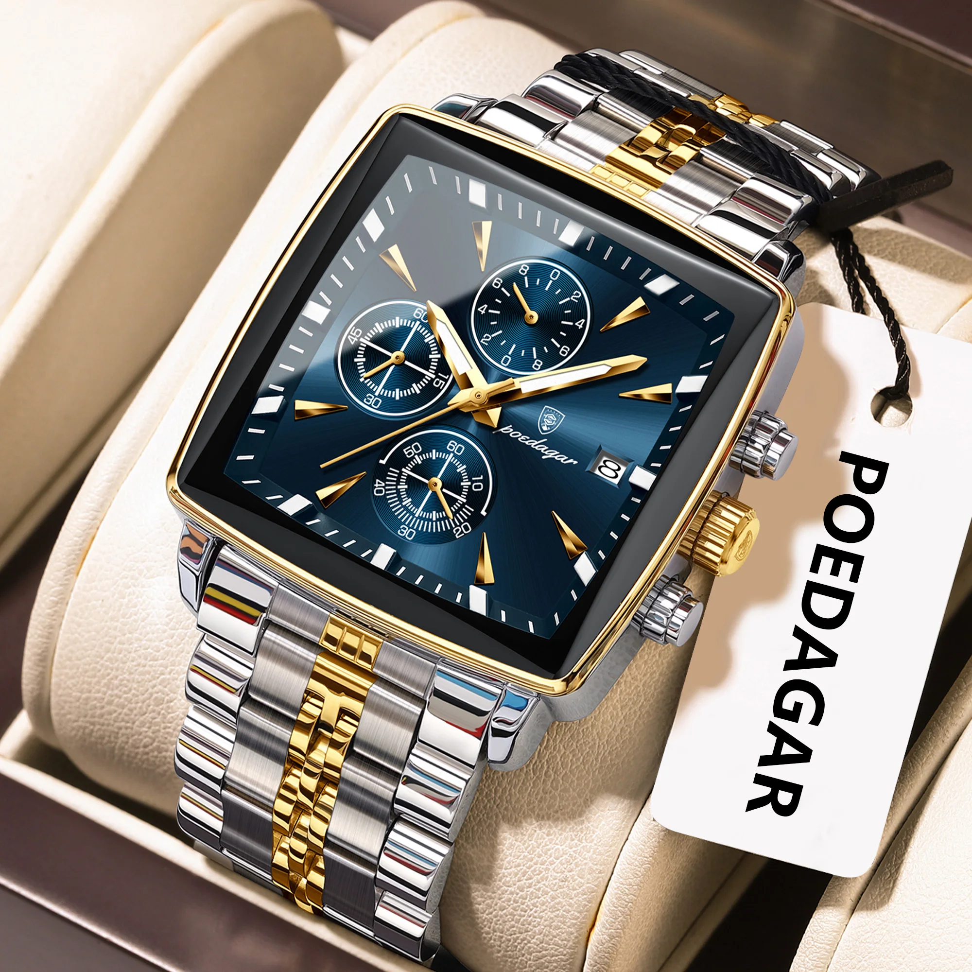 Relógio masculino de luxo (azul dourado), estilo militar, para uso externo, com luz noturna, em aço inoxidável, cronógrafo com função de dados, ideal para uso profissional.