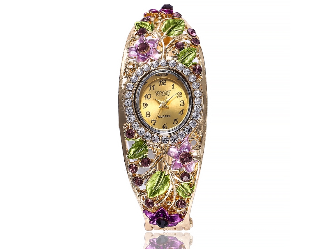 Relógio Pulseira Ccq Feminino Liga com Pedras Rhinestone Quartzo Roxo