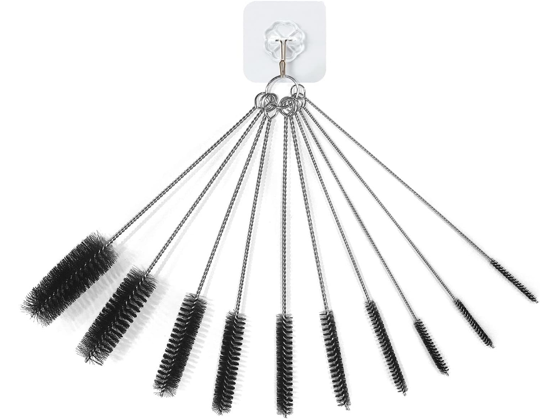 Conjunto De 10 Escovas De Nylon Para Limpeza De Tubos Com Ganchos Adesivos Para Espaços Pequenos, Multicoloridas, Pretas.