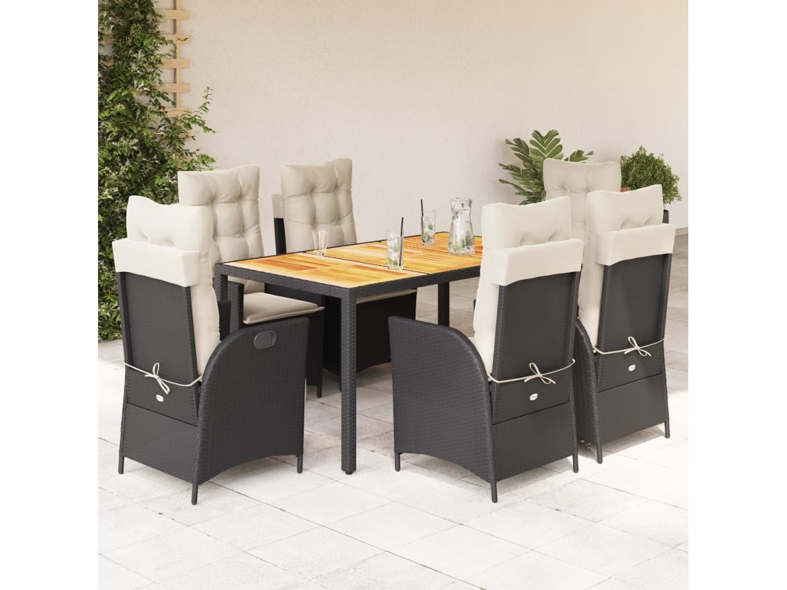 Vidaxl 7 Pcs Conjunto De Jantar P/ Jardim C/ Almofadões Vime Pe Preto