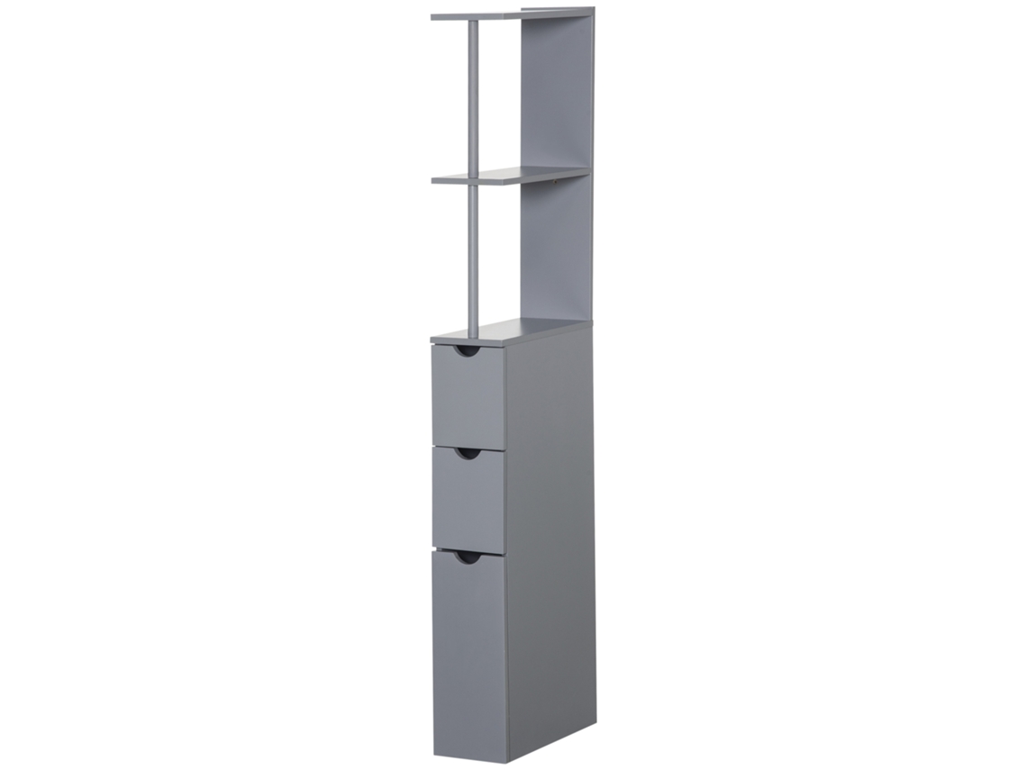 Coluna De Casa De Banho Moderno Móvel Auxiliar Com 2 Prateleiras, 2 Gavetas E 1 Porta Anti-queda 15x33x136,8 Cm Cinzento