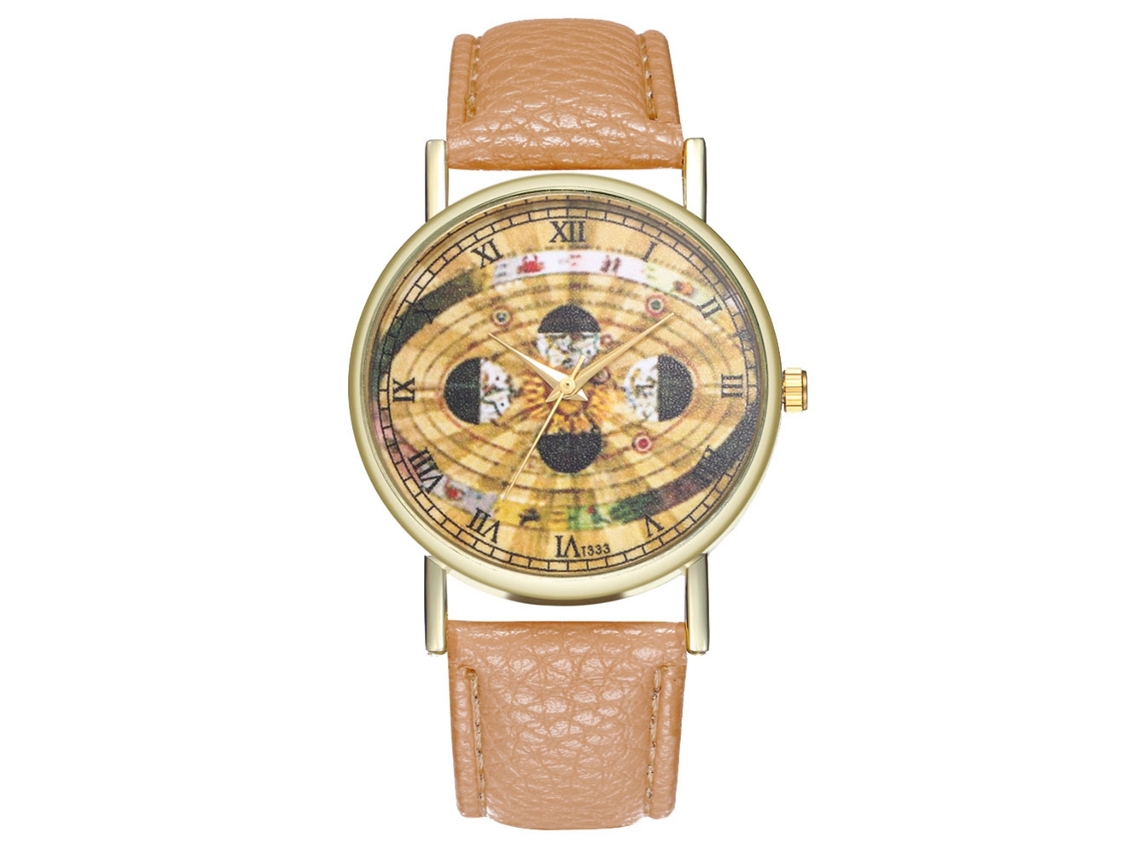 Reloj De Pulsera De Cuarzo Con Correa Pu Y Dial Redondo Patrón Espacial Zhoulianfa (beige)