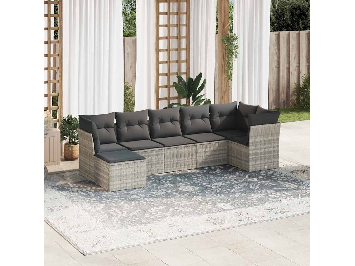 Vidaxl 7 Pcs Conj. Sofás Jardim Com Almofadões Vime Pe Cinzento-claro