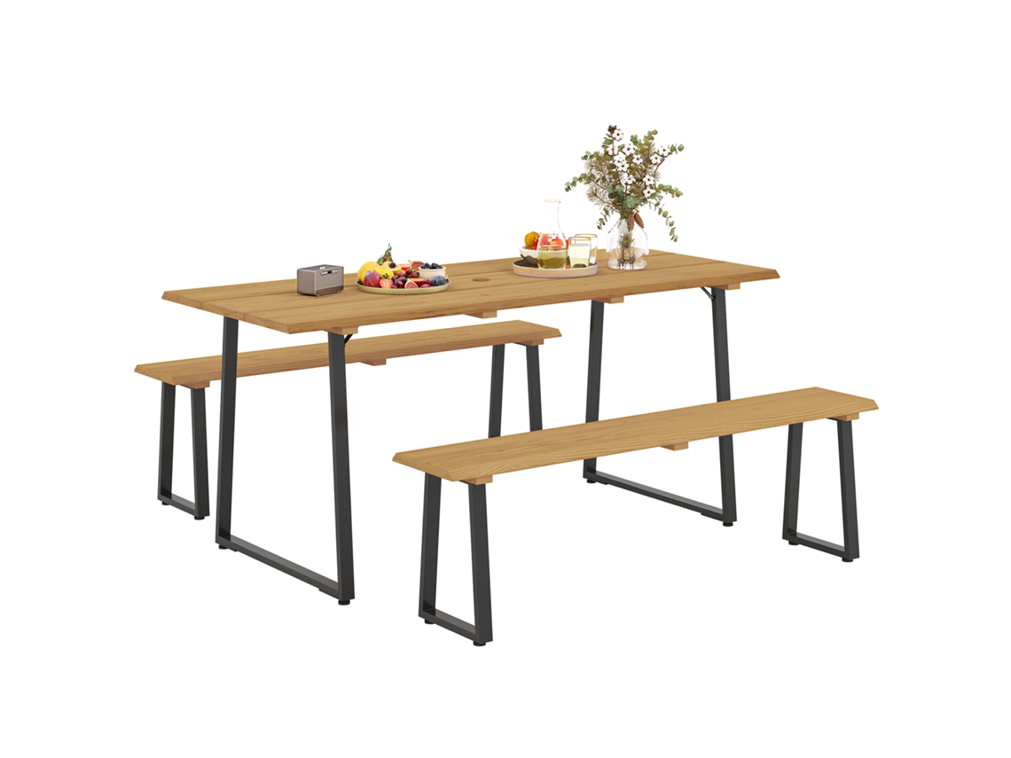 Conjunto de Jantar de Madeira 3peças para 6p 178x76x77cm, 2 Bancos, Buraco para Guarda chuva, Madeira Natural pt