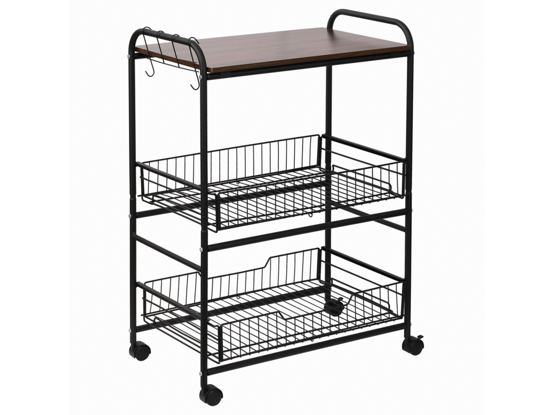 Carrinho de Cozinha Estilo Industrial com Carrinho de Cozinha com 4 Rodas. 2 Cestos e 4 Ganchos. 60x38x85,5cm. Marrom Preto Ge