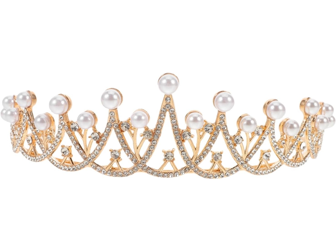 Coroa de casamento barroca dourada com strass e pérolas incrustadas, clara.