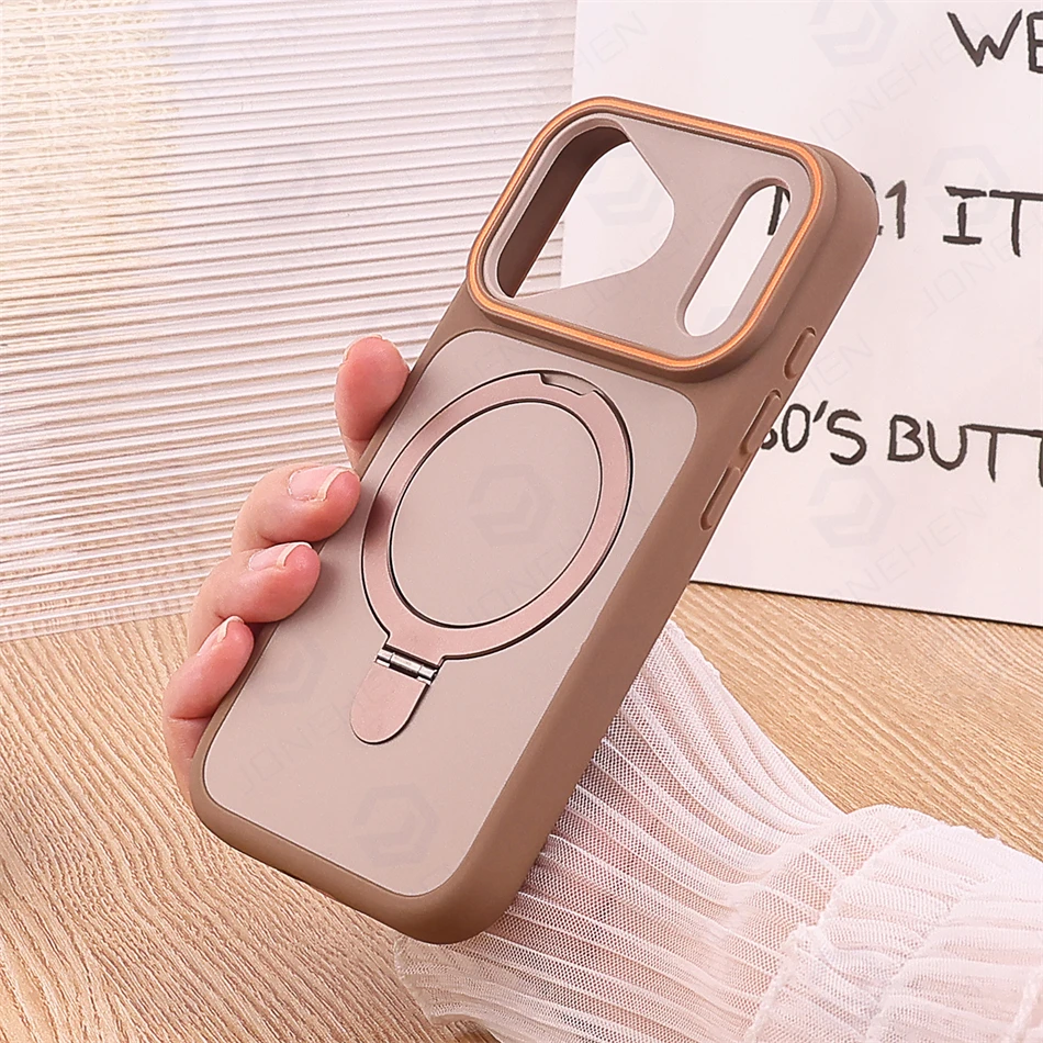 Capa Magnética Macia Para Iphone 17 Pro (marrom), Com Suporte De Anel De Metal, Cor Sólida.