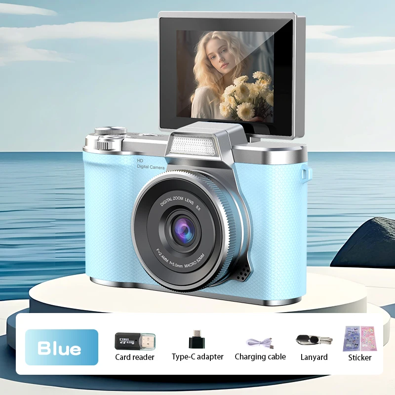 (azul, Sem Cartão Tf) Câmera Digital 4k Com Resolução De 48mp, Tela Giratória Recarregável De 180°.