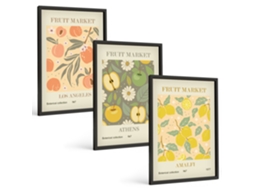 Um Conjunto De Imagens Decorativas Em Uma Moldura Estampas Retrô De Frutas Moldura Preta Fotos Para O Escritório Espelharte (3 Piezas De 40x60 Cm)