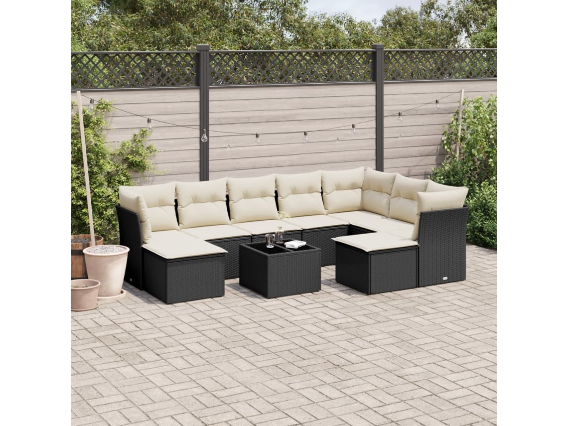 10 Pcs Conjunto Sofás De Jardim C/ Almofadões Vime Pe Preto Dkd Home Decor