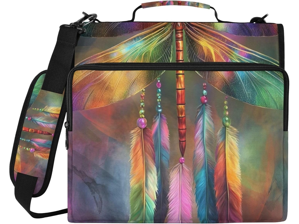Pasta Organizadora Com Estampa Colorida De Libélula, Com Zíper, 3 Argolas, Compartimento Laptop, Poliéster