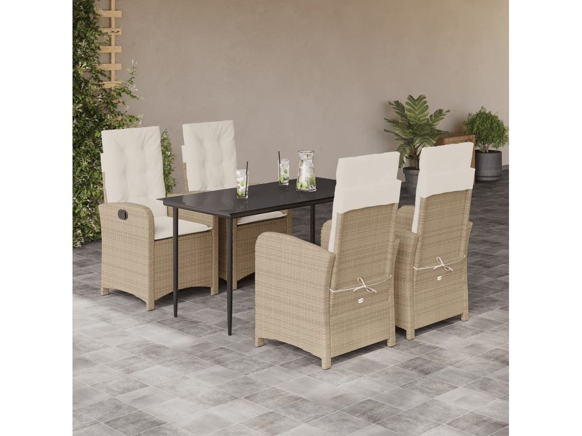 Vidaxl 5 Pcs Conjunto De Jantar P/ Jardim Com Almofadões Vime Pe Bege