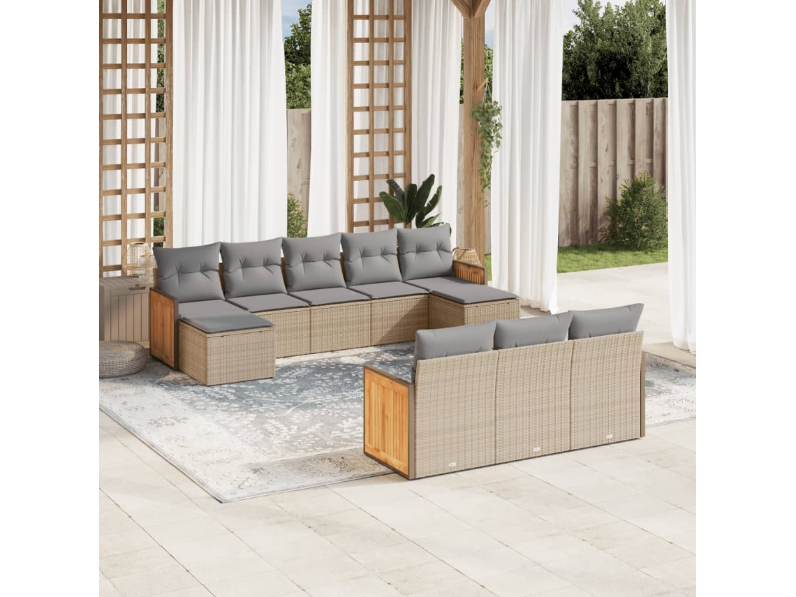 Vidaxl 10 Pcs Conjunto De Sofás P/ Jardim Com Almofadões Vime Pe Bege