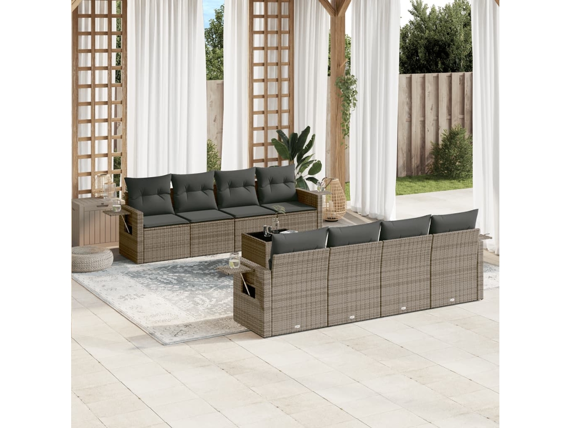 9 Pcs Conjunto Sofás P/ Jardim Com Almofadões Vime Pe Cinza Dkd Home Decor