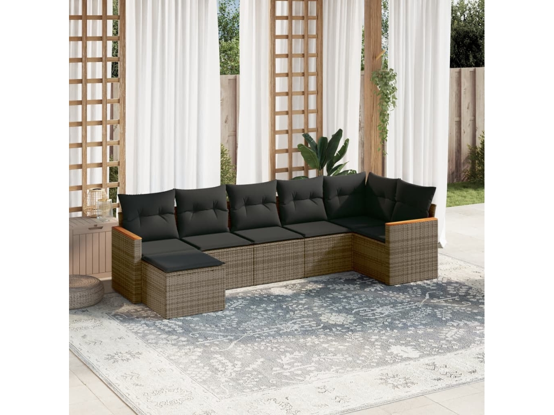Vidaxl 7 Pcs Conjunto Sofás P/ Jardim C/ Almofadões Vime Pe Cinzento
