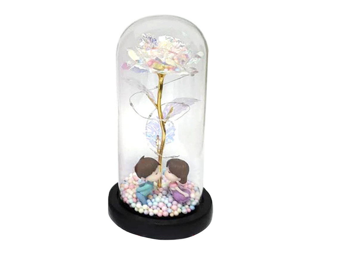 Flor de Vidro Eterna Rosa com Domo Luz Dourada Base Preta