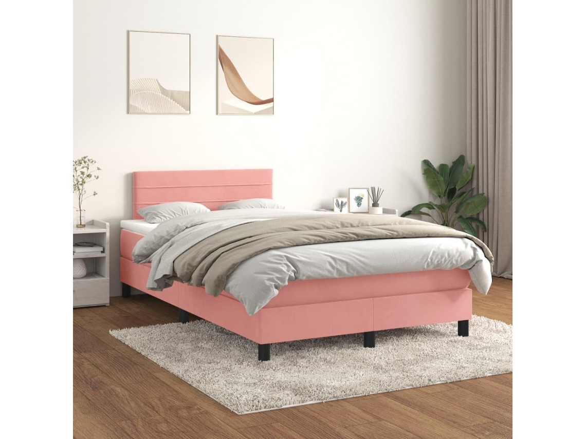 Vidaxl Cama Boxspring Com Colchão 120x200 Cm Veludo Rosa