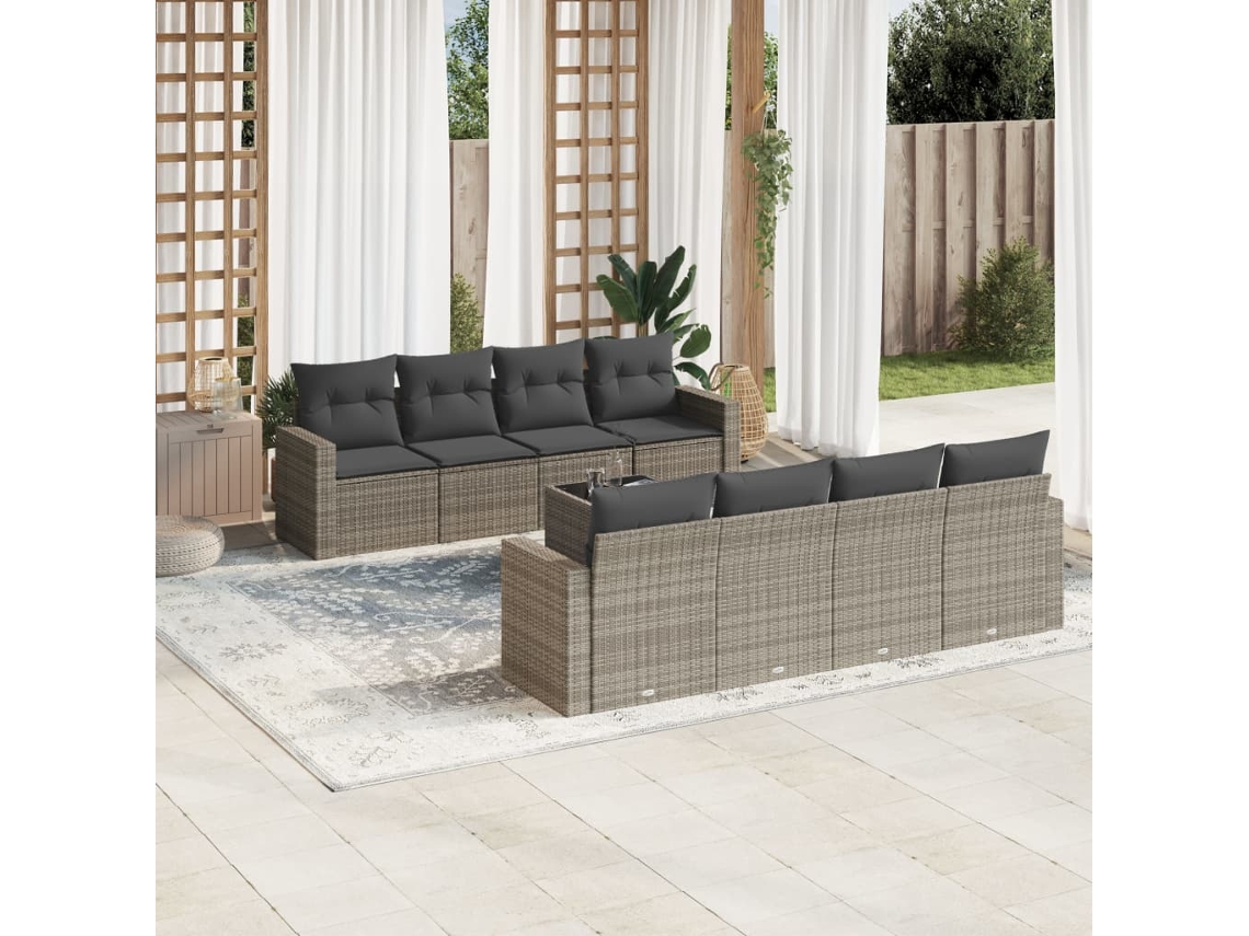 Vidaxl 9 Pcs Conjunto Sofás P/ Jardim Com Almofadões Vime Pe Cinzento