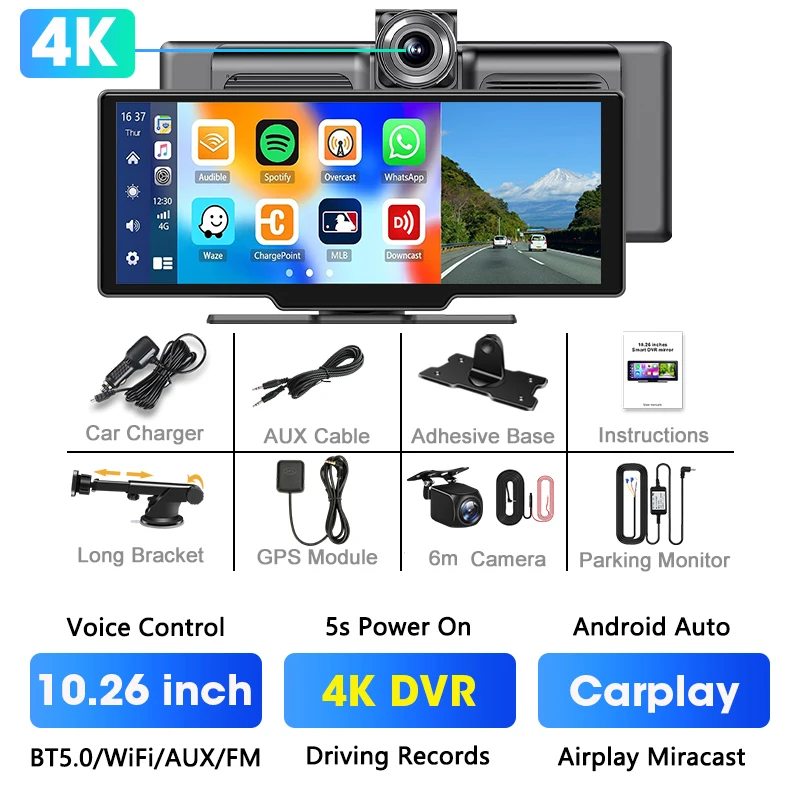 (conjunto Completo) Dvr Automotivo De 10,26 Polegadas, Carplay Sem Fio 4k