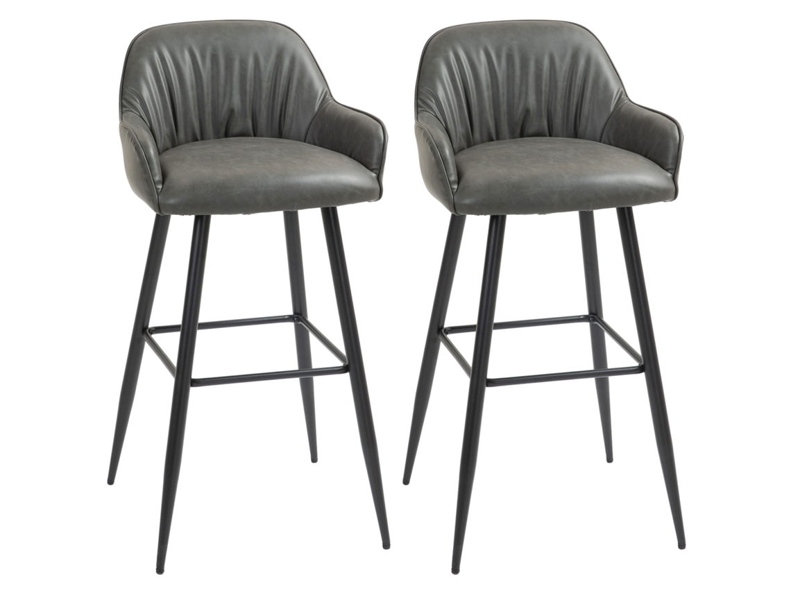 Conjunto De 2 Banquetas Modernas Com Apoio Para Os Pés E Encosto, Em Couro Sintético Pu E Aço, Cinza.