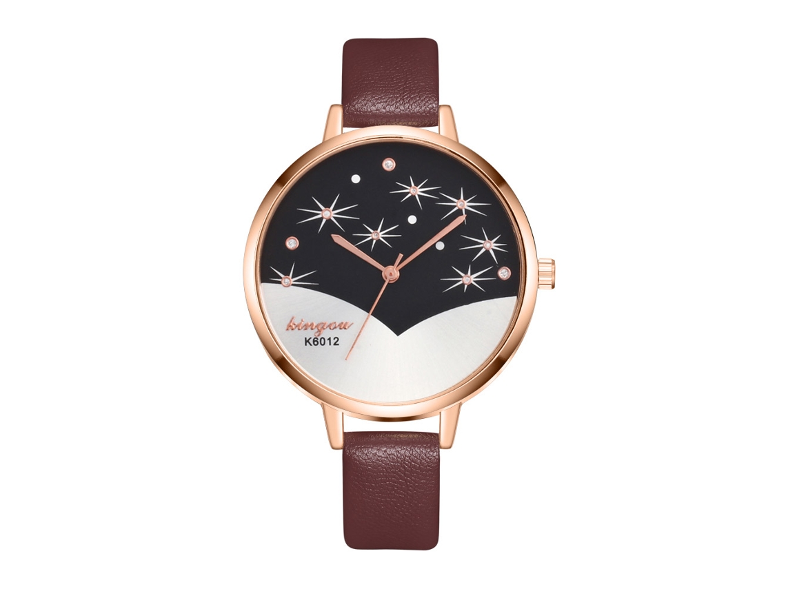 Relógio de Pulso Feminino de Quartzo com Pulseira de Couro Pu Estilo Simples Dial Redondo Café