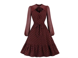 2026 vestido A line Vintage para Mulher com Pontos, Mangas Longas, Calcinha e Babados Casual