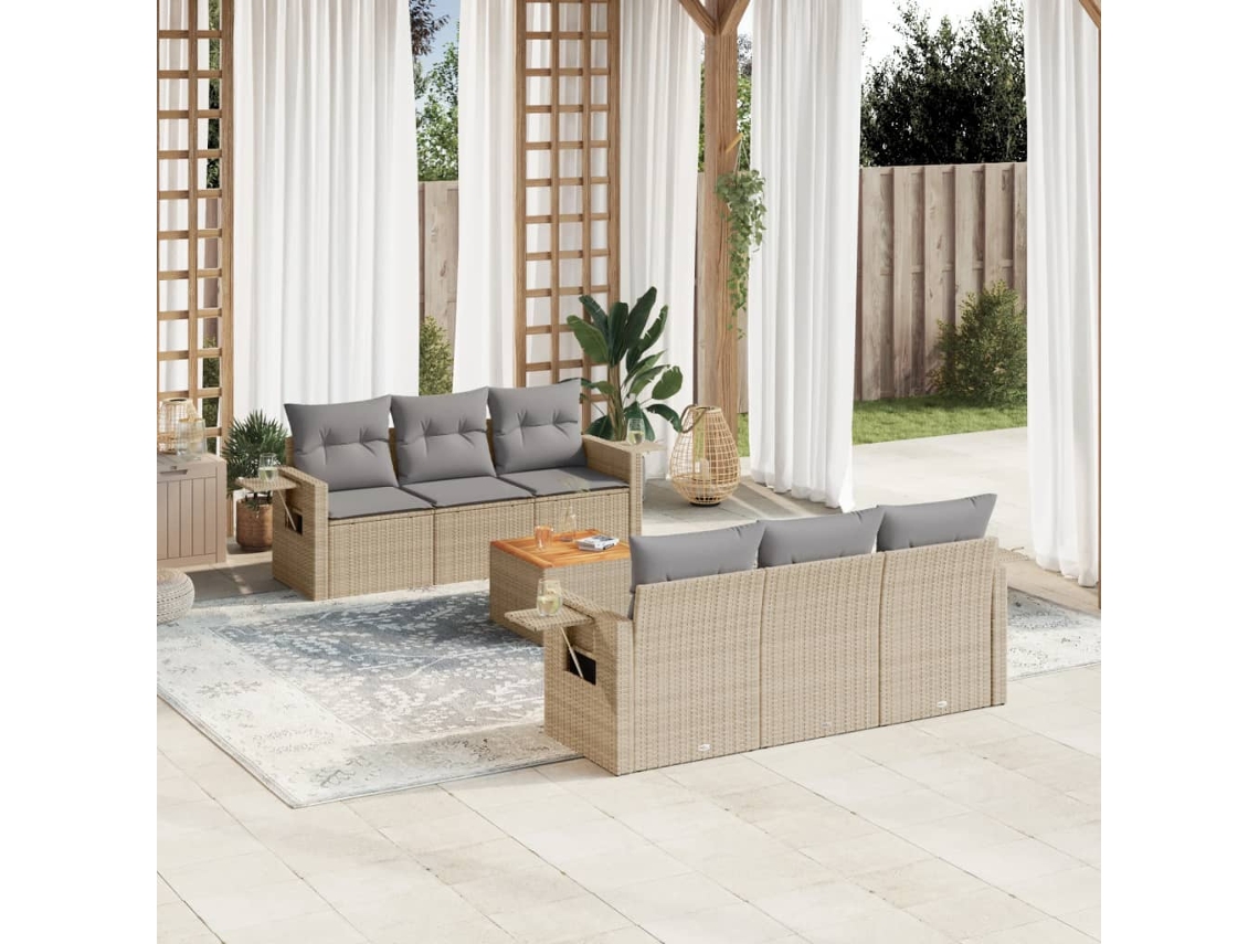 Vidaxl 7 Pcs Conj. Sofás Jardim C/ Almofadões Vime Pe Bege Misturado