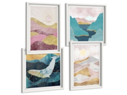 Composição De Quadros Montanhas Abstratas Mar Moderno Espelharte (4 Peças)