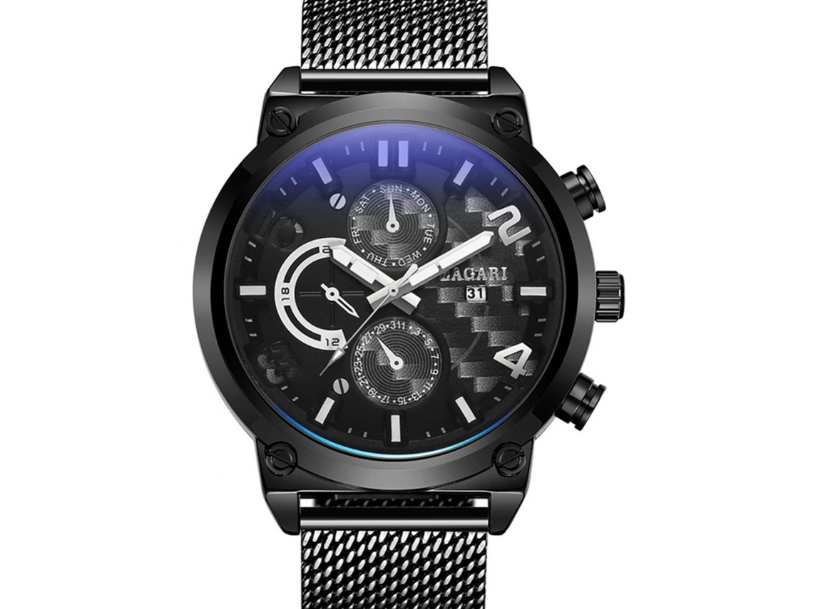 Reloj Hombre Bagari Correa Malla Deportiva Dial Redondo Cuarzo Negro Blanco
