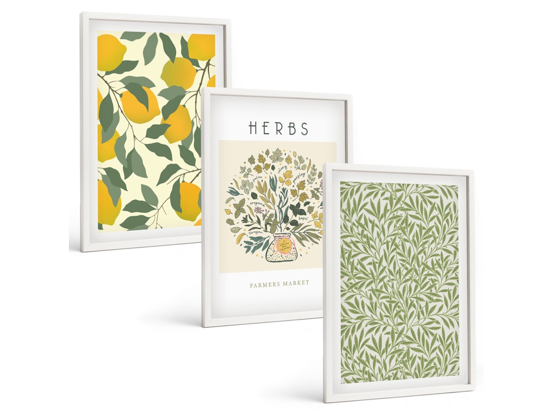 Quadros Decorativos Para Parede Limões Com Ervas E Folhas Moldura Branca Pinturas De Quarto Espelharte (3 Piezas De 40x60 Cm)