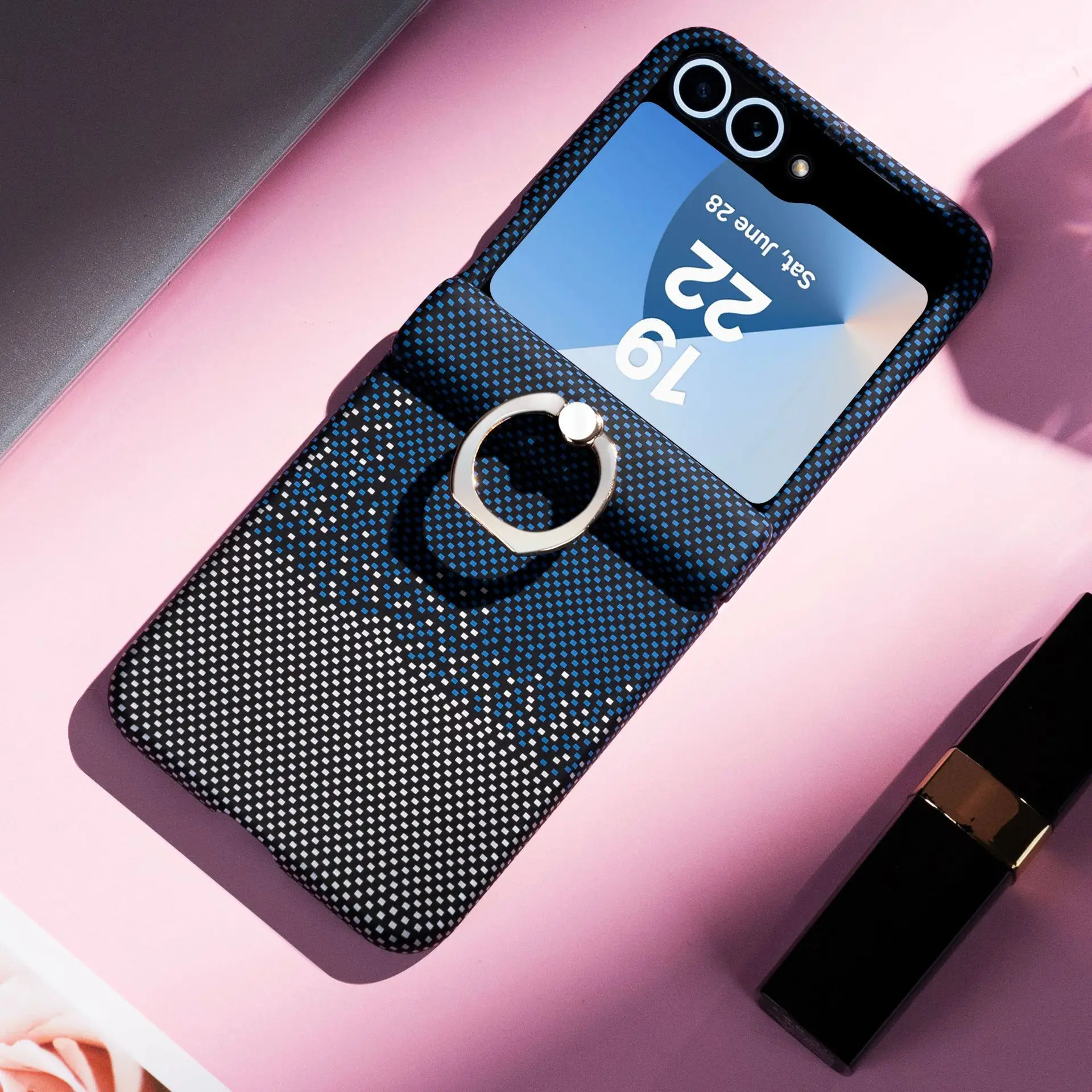 (prateado, Galaxy Z Flip5) Capa De Celular De Luxo Com Suporte De Anel Para Negócios, Capa Protetora Com Textura De Fibra De Carbono.