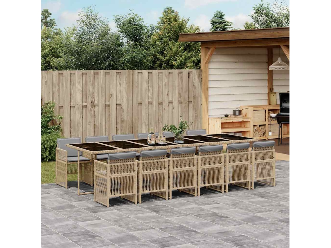 Vidaxl 13 Pcs Conj. Jantar Jardim C/ Almofadões Vime Pe Bege Misturado
