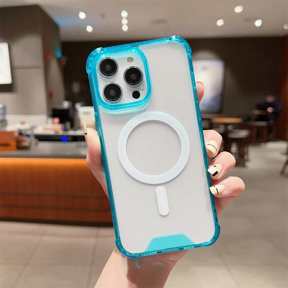 Capa Magsafe Com Carregamento Sem Fio Magnético Para Iphone (iphone 14 Plus, Azul) Com Moldura Transparente À Prova De Choque.