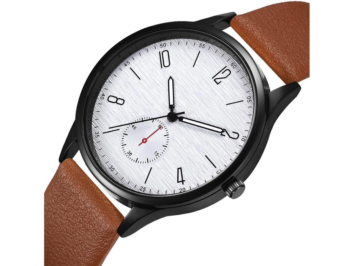 Relógio de pulso masculino casual e elegante com mecanismo de quartzo e pulseira de PU marrom.