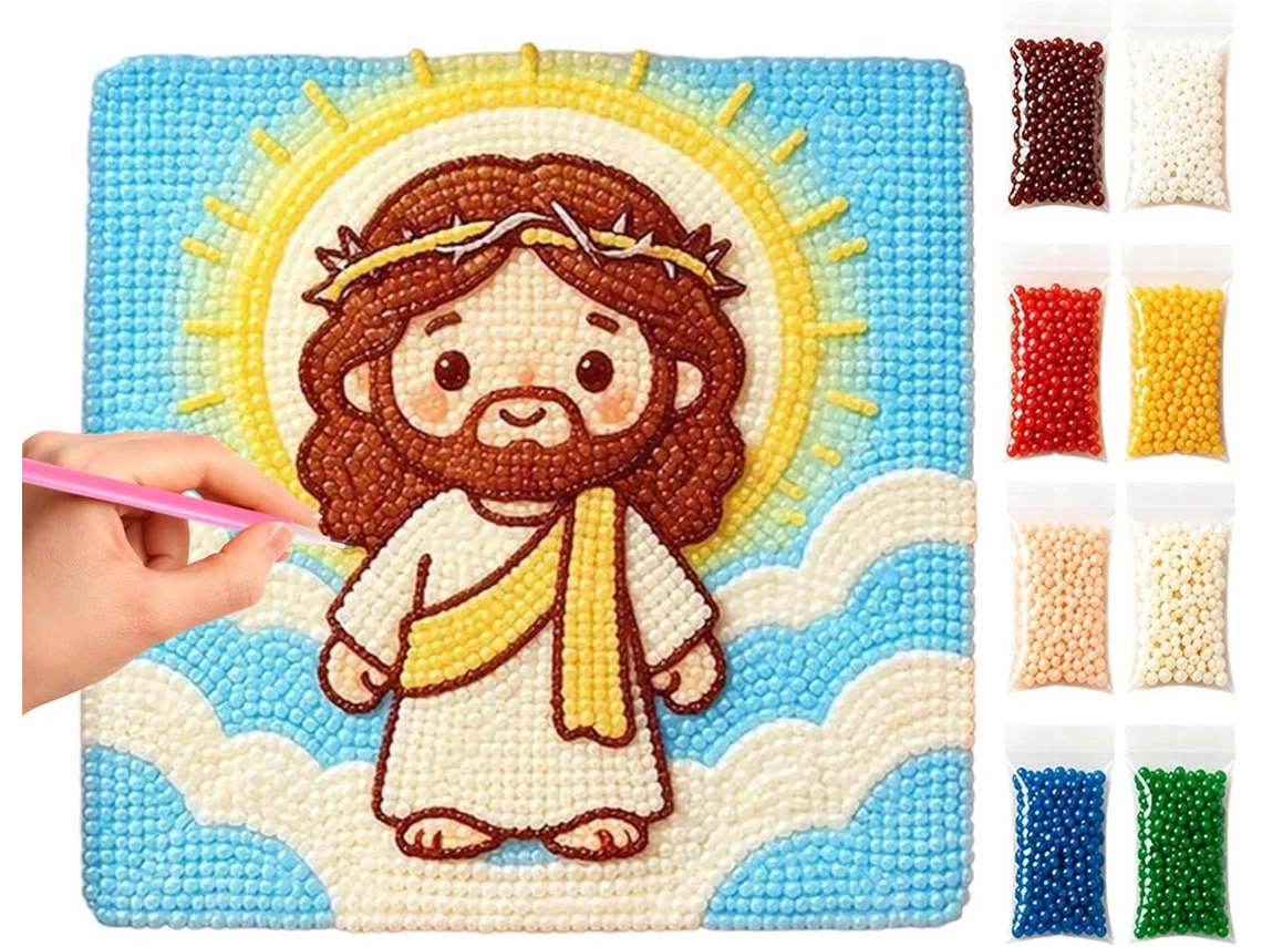 Kit de Pintura Artística com Strass Forte Aderência, Jesus, Diamante 5d e Pedras Preciosas, para CHABERLU