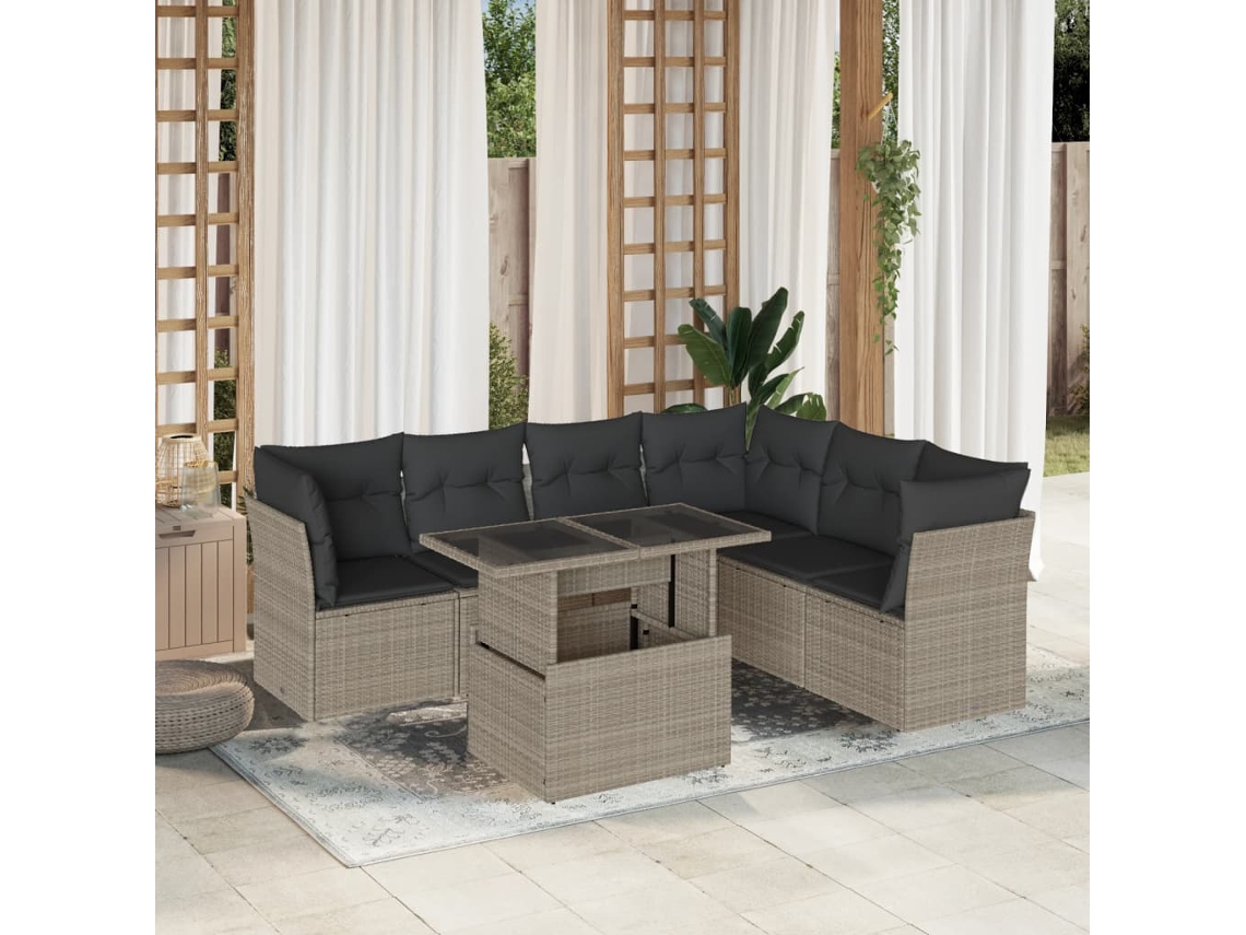 Vidaxl 7 Pcs Conj. Sofás Jardim com Almofadões Vime Pe Cinzento claro