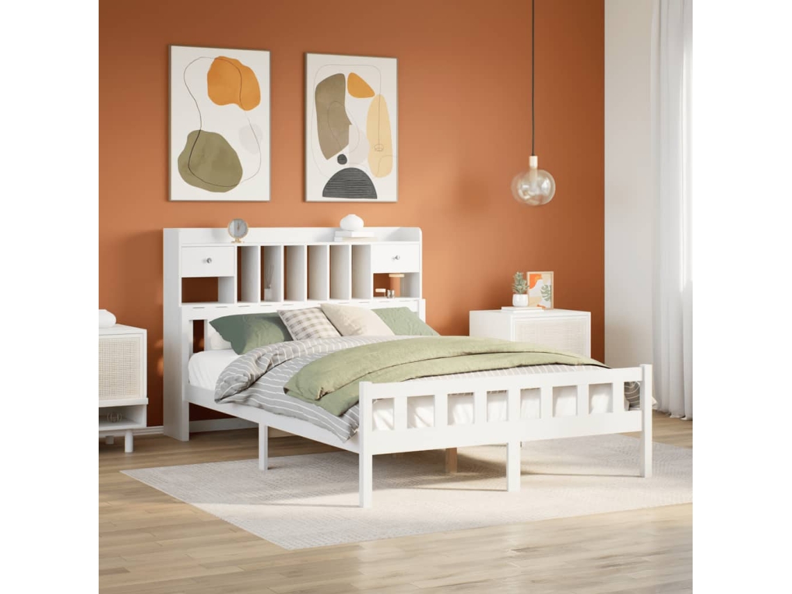 Cama Com Estante Sem Colchão 150x200 Cm Pinho Maciço Branco