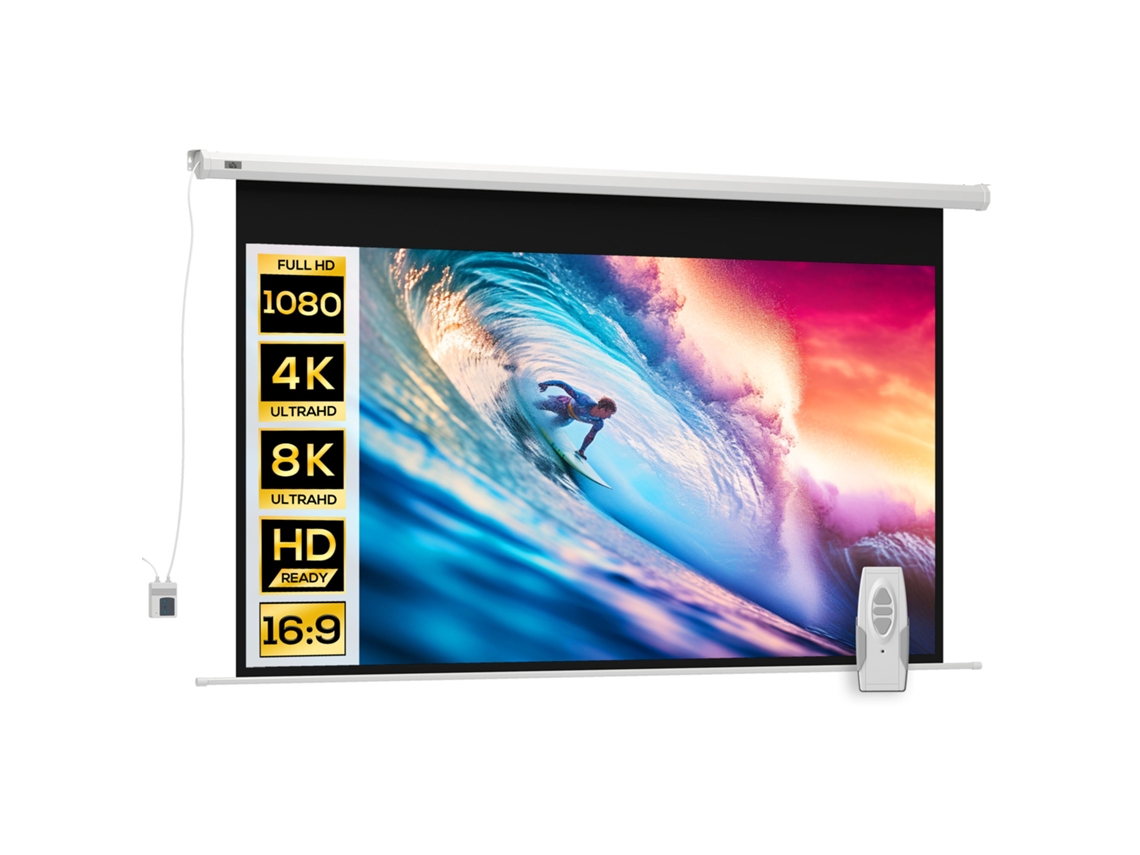 Cortina motorizada para projetor 100'' 16:9, controle remoto, 251x8x168cm branco