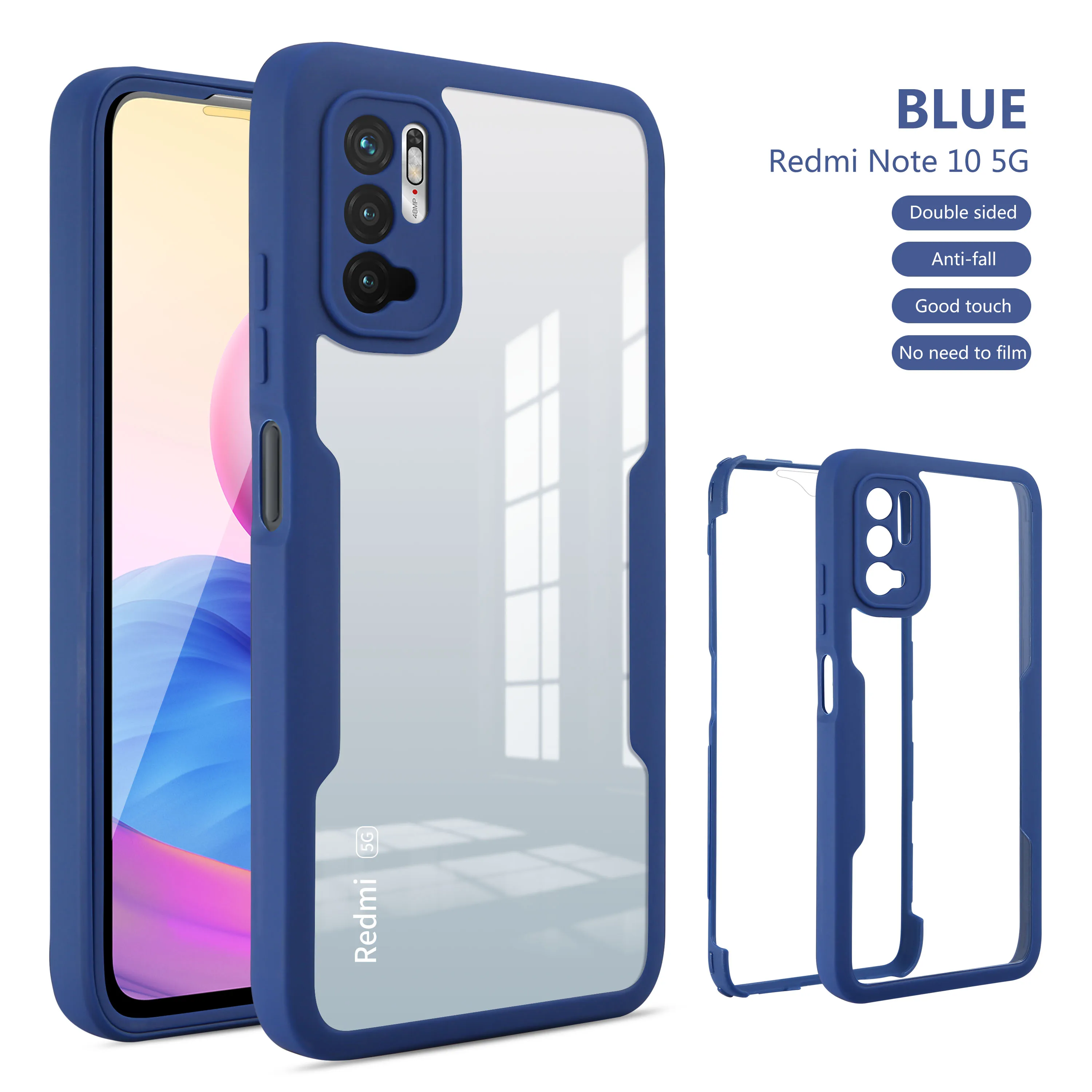 (redmi Note 9 Azul) Protector De Pantalla Con Cobertura De 360° Y Cubierta Trasera Rígida