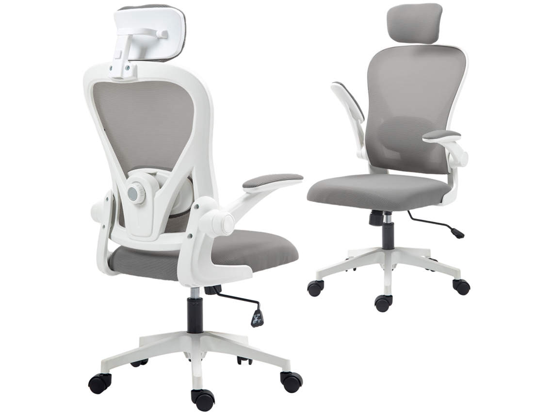 Cadeira De Escritório Ergonómica Com Apoios De Braço Rebatíveis E Apoio Lombar Regulável, Cor Cinza