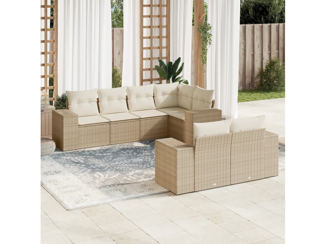 Vidaxl 7 Pcs Conjunto de Sofás P/ Jardim com Almofadões Vime Pe Bege