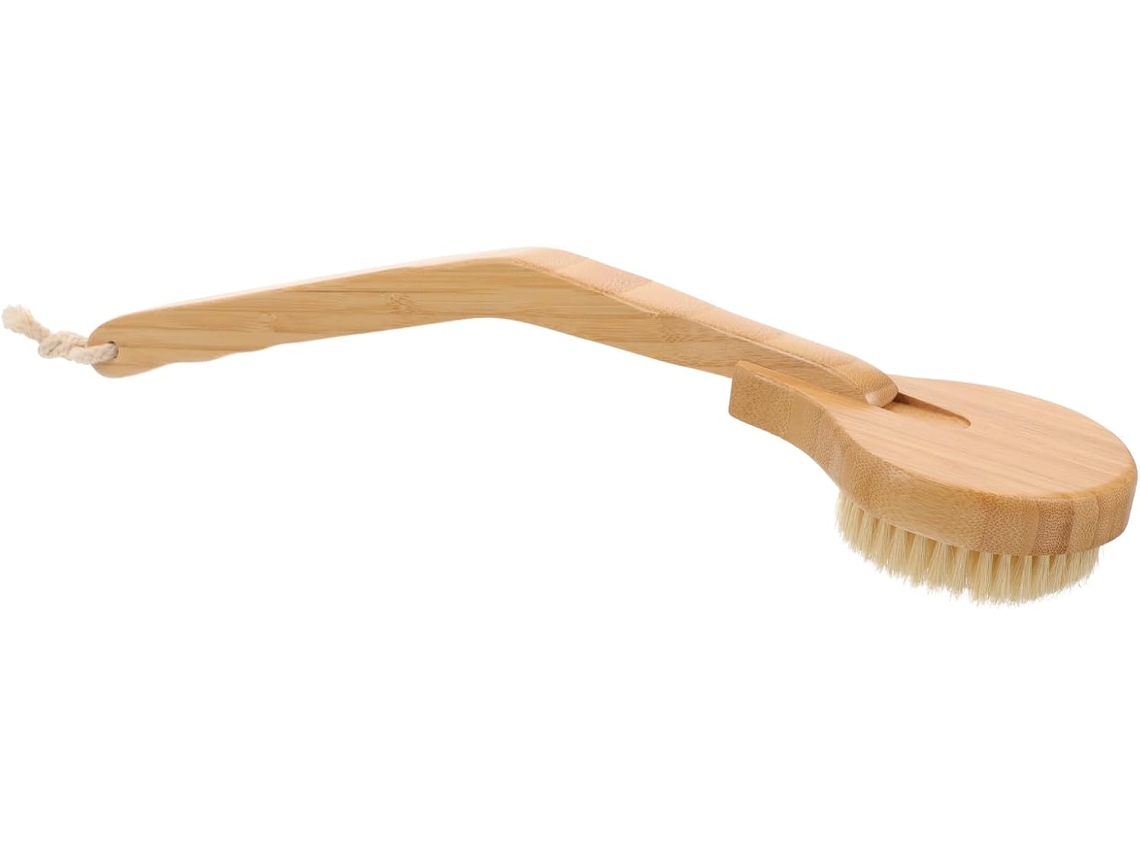 Escova de vaso sanitário ergonômica curvada com cerdas naturais de javali e cabo longo.
