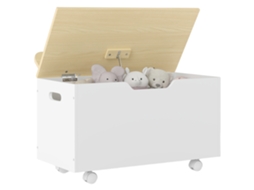 Baú de Brinquedos com Rodas com Tampa Abatível e Dobradiça de Segurança Desenho de Nuvem e Madeira 59x30x53 Cm Branco