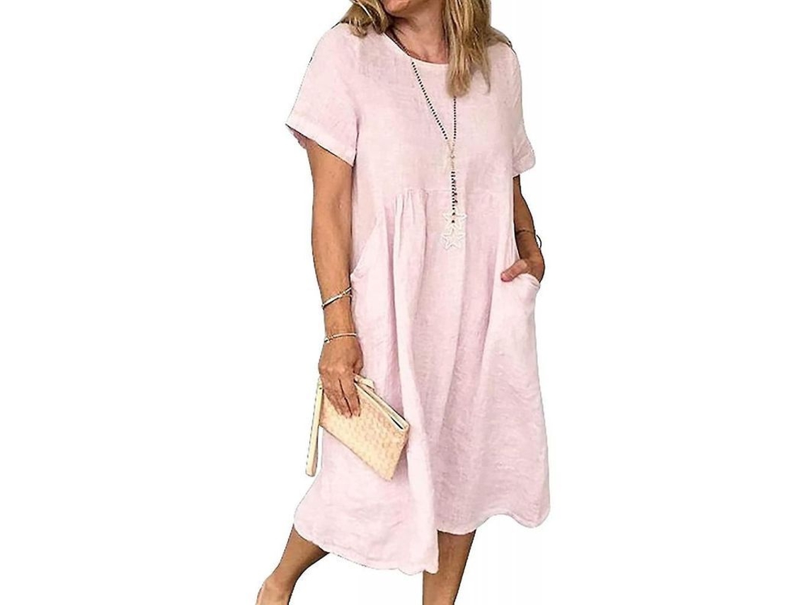 2026 vestido Largo de Lino Boho para Mujer, Verano Playa, Manga Corta, Bolsillos Laterales, Cómodo Y Transpirable 2xl Rosa