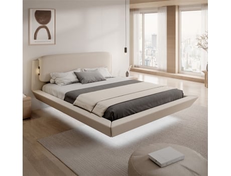 Cama De Casal Flutuante Beatrice Design Domensino Mdf Bege (180x200)