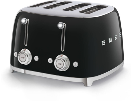 Torradeira SMEG Anni 50 SF03BLEU Preto (2000 W) — Torradeira de 4 fendas 2000W com 6 níveis de tostagem. Entradas extra largas e 2 gavetas de migalhas. 2 botões com comandos independentes. com funções para aquecer. descongelar e bagel (tostar apenas uma face)