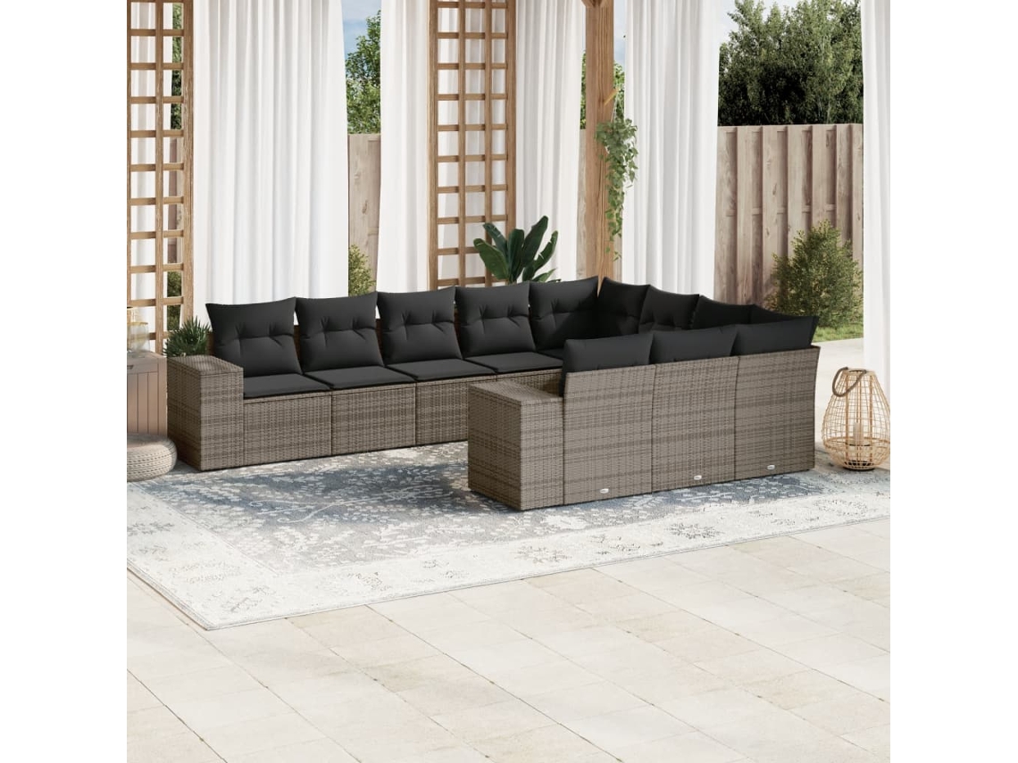 Vidaxl 10 Pcs Conjunto Sofás De Jardim C/ Almofadões Vime Pe Cinzento