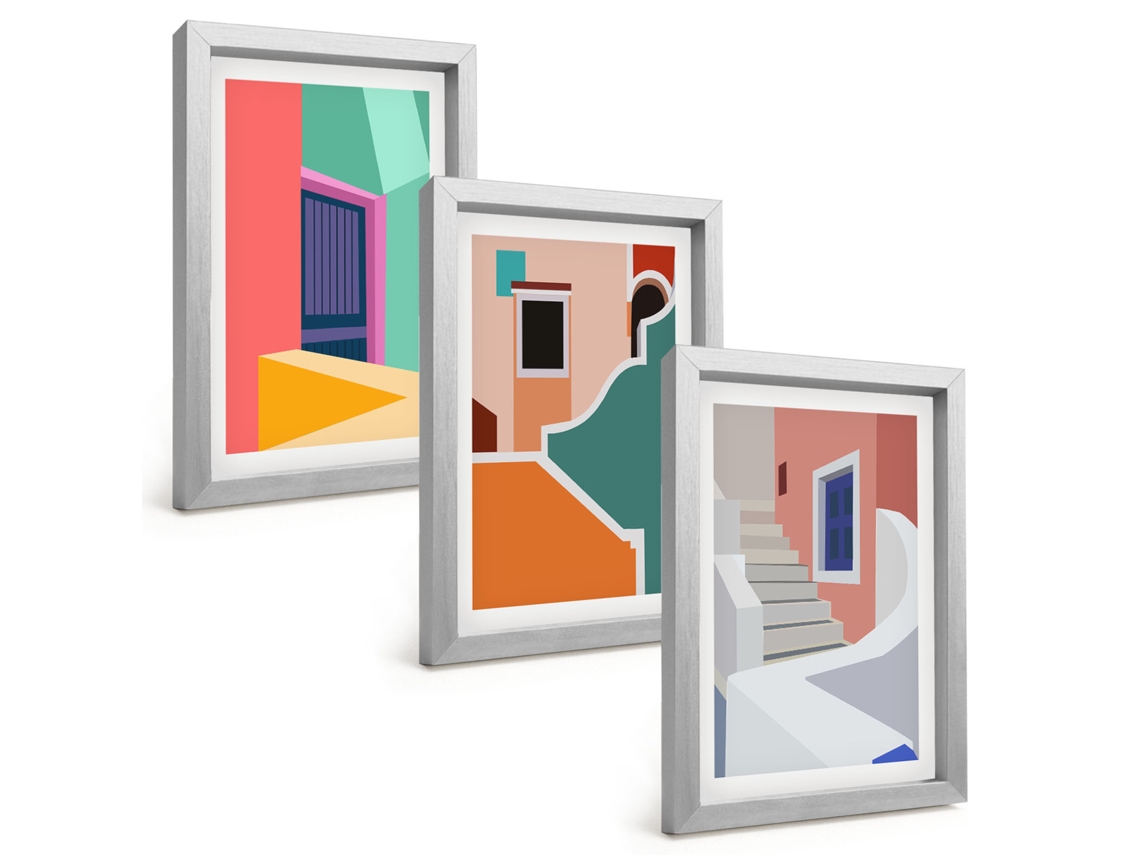 Composição De Quadros Ilustrações De Edifícios Coloridos Espelharte (3 Peças 20x30 Cm)